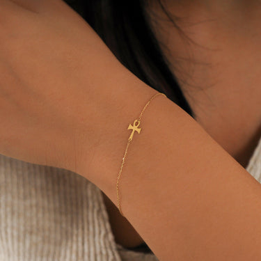 Ankh Bracelet | 14K Solid Gold - Mionza Jewelry-14k Gold Bracelet, BAPTISM GIFT, Charm cross bracelet, Cross bracelet, cross sideways, Crucifix Bracelets, dainty cross, Everyday Bracelet, first birthday gift, Gold Dainty Bracelet, minimalist cross, Solid Gold Bracelet, Tiny Cross Bracelet