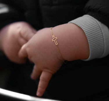 Baby Gold Bracelet | 14K Solid Gold - Mionza Jewelry-14k Gold Bracelet, baby baptism gift, baby shower gift, baptism gift boy, baptism gift girl, Charm cross bracelet, Cross bracelet, cross sideways, Crucifix Bracelets, first birthday gift, gold cross bracelet, tiny cross, Tiny Cross Bracelet