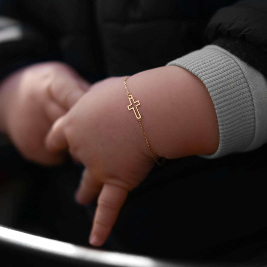 Baby Gold Bracelet | 14K Solid Gold - Mionza Jewelry-14k Gold Bracelet, baby baptism gift, baby shower gift, baptism gift boy, baptism gift girl, Charm cross bracelet, Cross bracelet, cross sideways, Crucifix Bracelets, first birthday gift, gold cross bracelet, tiny cross, Tiny Cross Bracelet