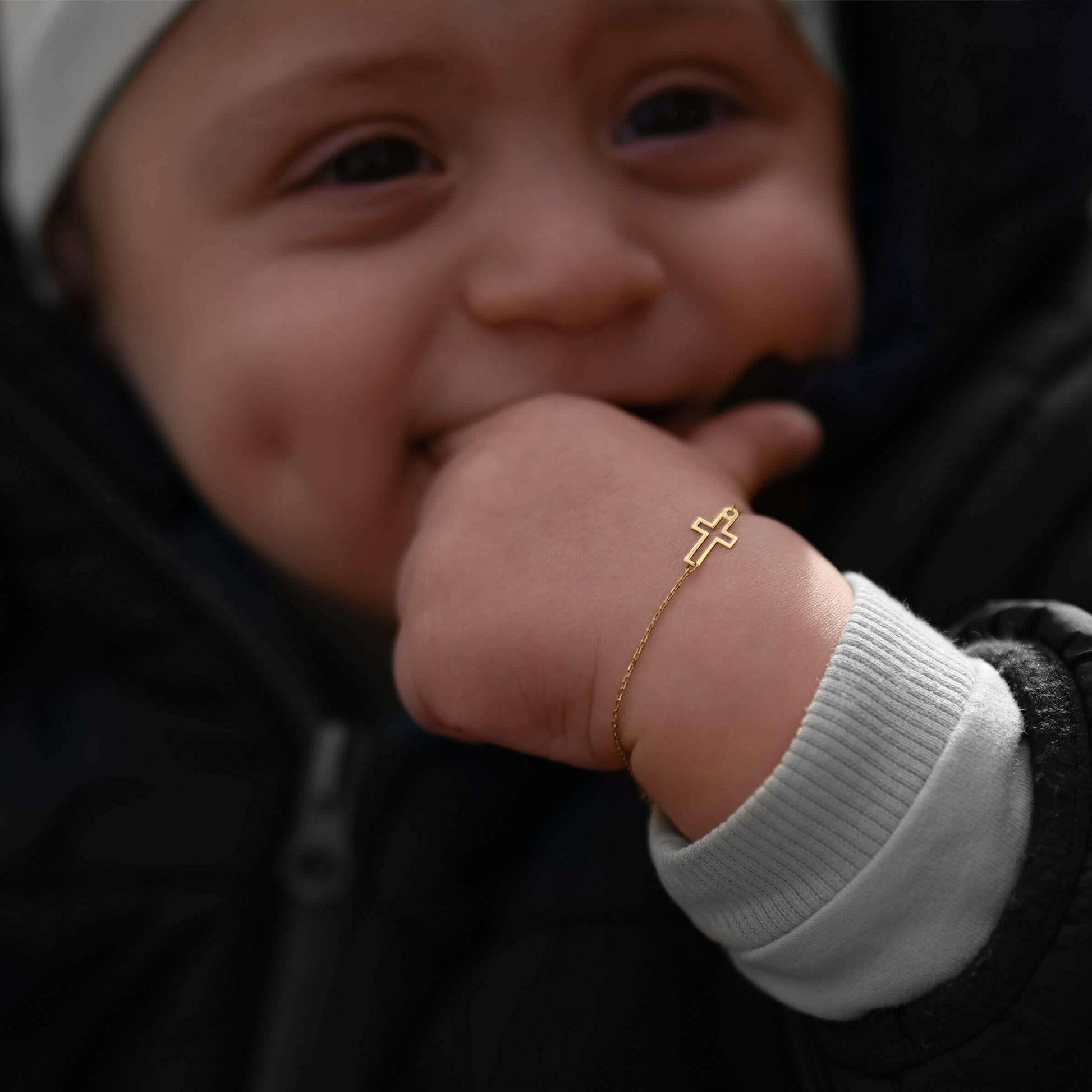 Baby Gold Bracelet | 14K Solid Gold - Mionza Jewelry-14k Gold Bracelet, baby baptism gift, baby shower gift, baptism gift boy, baptism gift girl, Charm cross bracelet, Cross bracelet, cross sideways, Crucifix Bracelets, first birthday gift, gold cross bracelet, tiny cross, Tiny Cross Bracelet