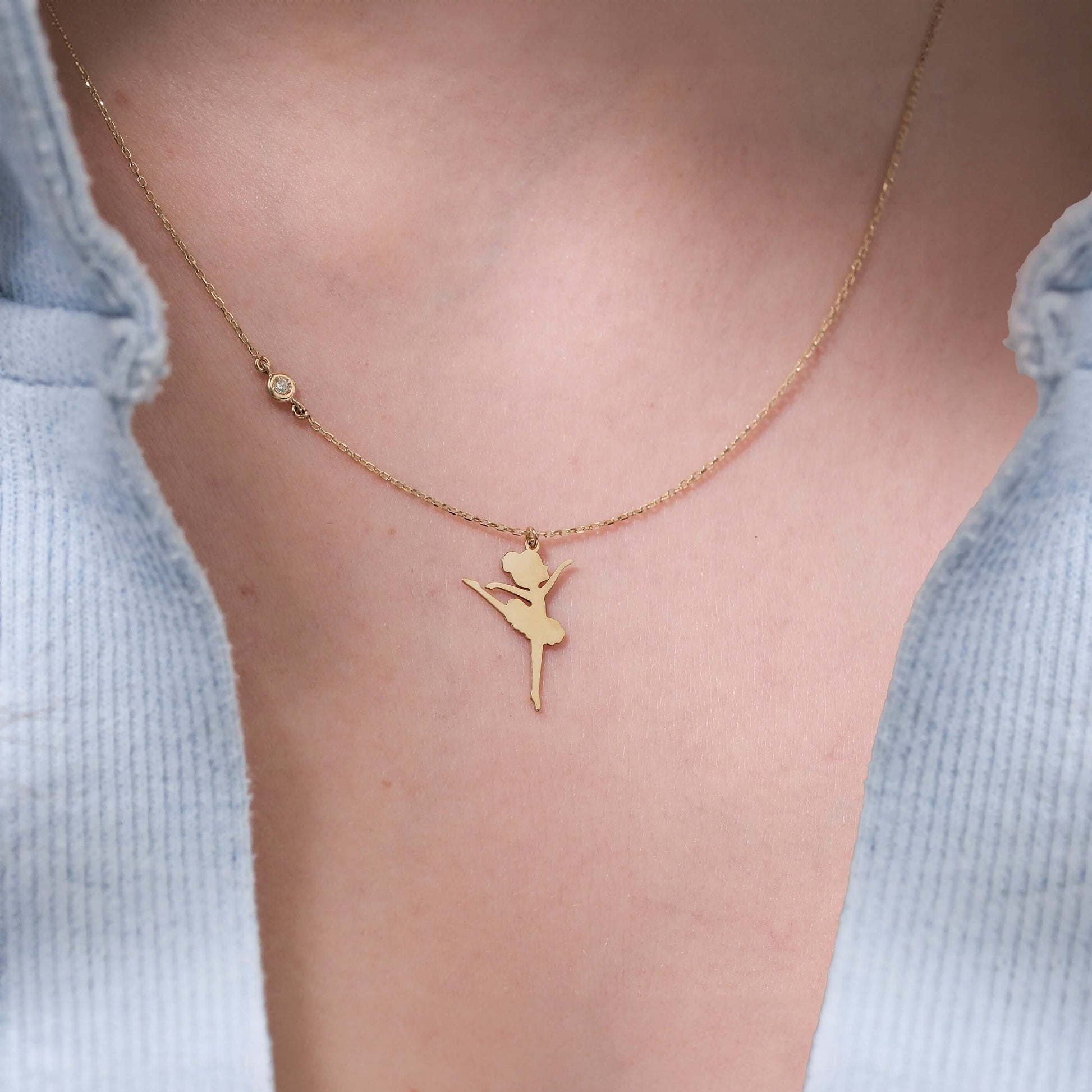 Ballet Necklace | 14K Solid Gold - Mionza Jewelry-14k gold ballerina, 14K Gold Diamond, ballerina gift, Ballerina Necklace, birthday gift, Dainty Gift for her, diamond shaped gold, Gift for Little Girl, summer jewelry, Tiny Gold Pendant