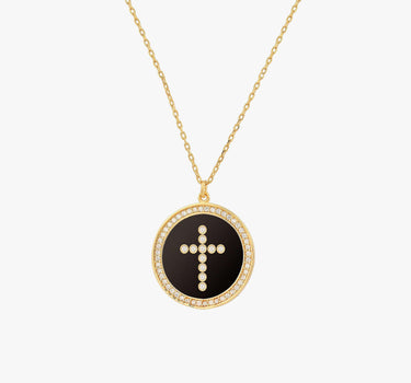 Cross Coin Necklace | 18K Gold Vermeil - Mionza Jewelry-birthday gift, black cross necklace, catholic jewelry, christian jewelry, Christian Gift, coin cross necklace, cross necklace, cross pendant, crucifix necklace, diamond cross, disc cross necklace, faith necklace, small cross necklace