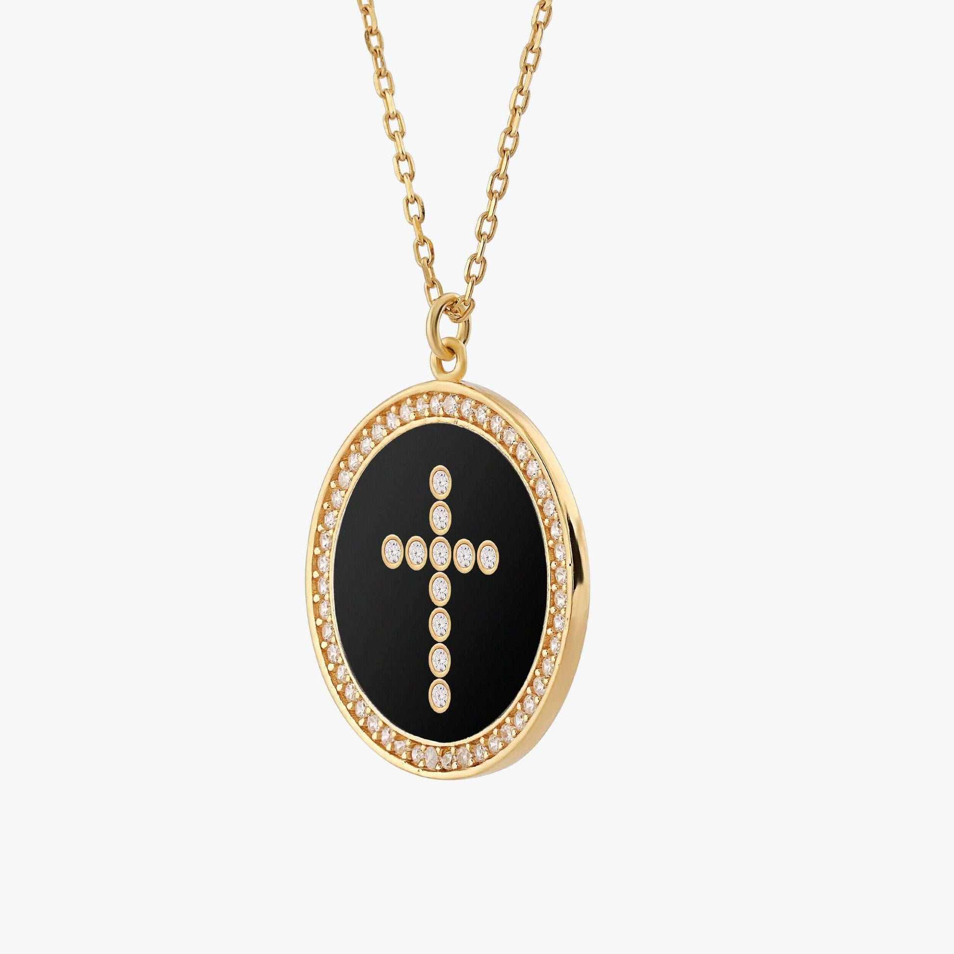 Cross Coin Necklace | 18K Gold Vermeil - Mionza Jewelry-birthday gift, black cross necklace, catholic jewelry, christian jewelry, Christian Gift, coin cross necklace, cross necklace, cross pendant, crucifix necklace, diamond cross, disc cross necklace, faith necklace, small cross necklace