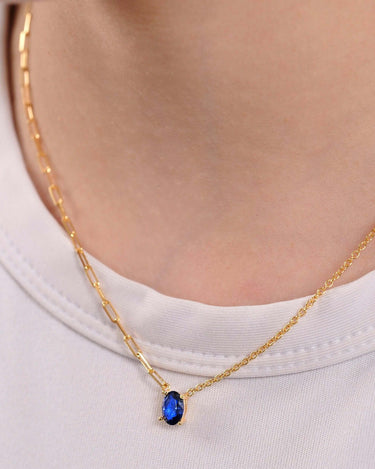 Blue Stone Necklace | 18K Gold Vermeil - Mionza Jewelry-18k gold vermeil, blue sapphire, blue stone necklace, gift for women, navy blue necklace, paperclip chain, paperclip jewelry, paperclip necklace, sapphire jewelry, Sapphire Necklace, sapphire pendant, september birthstone