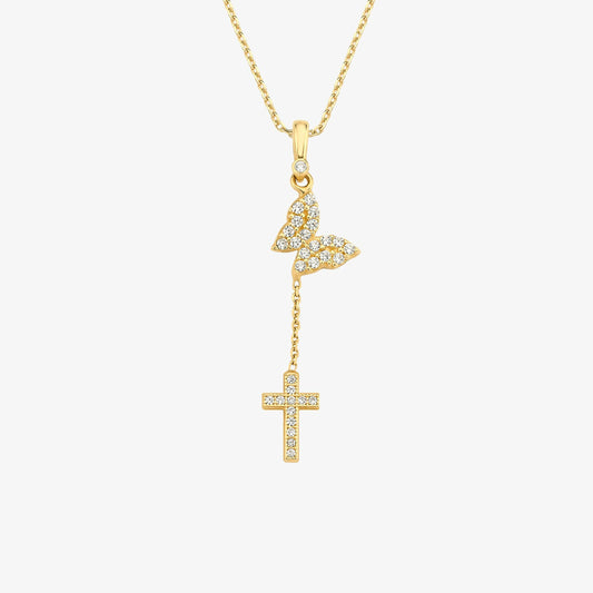 Butterfly with Cross Necklace | 14K Solid Gold - Mionza Jewelry-14K Gold Butterfly, 14K Solid Gold, Butterfly Cross Gift, Butterfly Y Necklace, Butterfly Y Pendant, Christening Gifts, Christian Necklace, Christmas Gift, Confirmation Gift, Cross Necklace, Cross Necklace Gold, Crucifix Y Necklace, Lariat Necklace