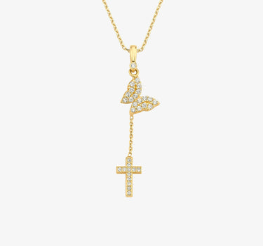 Butterfly with Cross Necklace | 14K Solid Gold - Mionza Jewelry-14K Gold Butterfly, 14K Solid Gold, Butterfly Cross Gift, Butterfly Y Necklace, Butterfly Y Pendant, Christening Gifts, Christian Necklace, Christmas Gift, Confirmation Gift, Cross Necklace, Cross Necklace Gold, Crucifix Y Necklace, Lariat Necklace