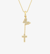 Butterfly with Cross Necklace | 14K Solid Gold - Mionza Jewelry-14K Gold Butterfly, 14K Solid Gold, Butterfly Cross Gift, Butterfly Y Necklace, Butterfly Y Pendant, Christening Gifts, Christian Necklace, Christmas Gift, Confirmation Gift, Cross Necklace, Cross Necklace Gold, Crucifix Y Necklace, Lariat Necklace