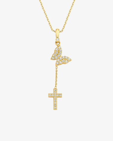 Butterfly with Cross Necklace | 14K Solid Gold - Mionza Jewelry-14K Gold Butterfly, 14K Solid Gold, Butterfly Cross Gift, Butterfly Y Necklace, Butterfly Y Pendant, Christening Gifts, Christian Necklace, Christmas Gift, Confirmation Gift, Cross Necklace, Cross Necklace Gold, Crucifix Y Necklace, Lariat Necklace