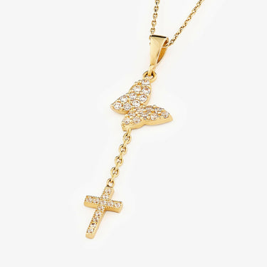 Butterfly with Cross Necklace | 14K Solid Gold - Mionza Jewelry-14K Gold Butterfly, 14K Solid Gold, Butterfly Cross Gift, Butterfly Y Necklace, Butterfly Y Pendant, Christening Gifts, Christian Necklace, Christmas Gift, Confirmation Gift, Cross Necklace, Cross Necklace Gold, Crucifix Y Necklace, Lariat Necklace