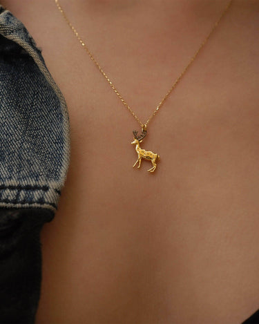 Christmas Deer Necklace | 14K Solid Gold - Mionza Jewelry-14k solid gold, animal lover gift, christmas deer, christmas gift for, deer animal charm, deer antler necklace, gift for her, gold animal charm, graduation gift, kids necklace, minimalist gift, solid gold deer, solid gold pendant