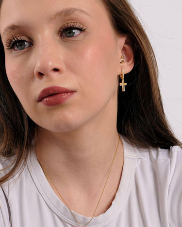 Cross Hoop Earrings | 18K Gold Vermeil - Mionza Jewelry-14k solid gold, 18k solid gold, birthday gift, cross earrings, cross hoop earrings, cross jewelry, crucifix jewelry, dangle hoop earrings, gift for women, huggie hoop earrings, non tarnish earrings, religious jewelry, small hoop earrings
