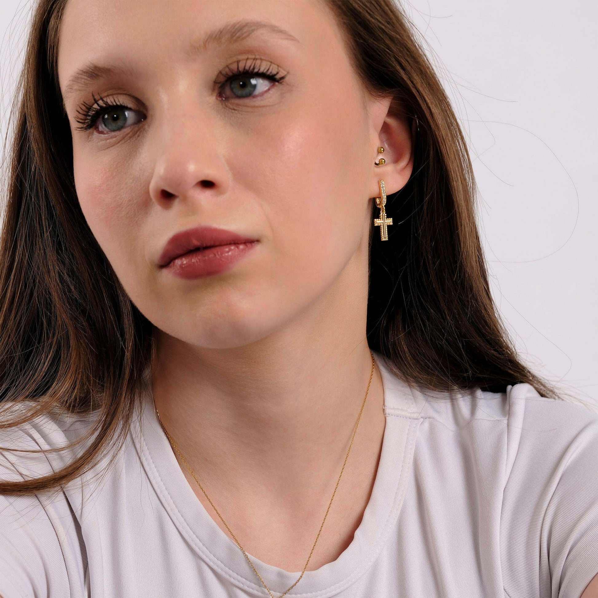 Cross Hoop Earrings | 18K Gold Vermeil - Mionza Jewelry-14k solid gold, 18k solid gold, birthday gift, cross earrings, cross hoop earrings, cross jewelry, crucifix jewelry, dangle hoop earrings, gift for women, huggie hoop earrings, non tarnish earrings, religious jewelry, small hoop earrings