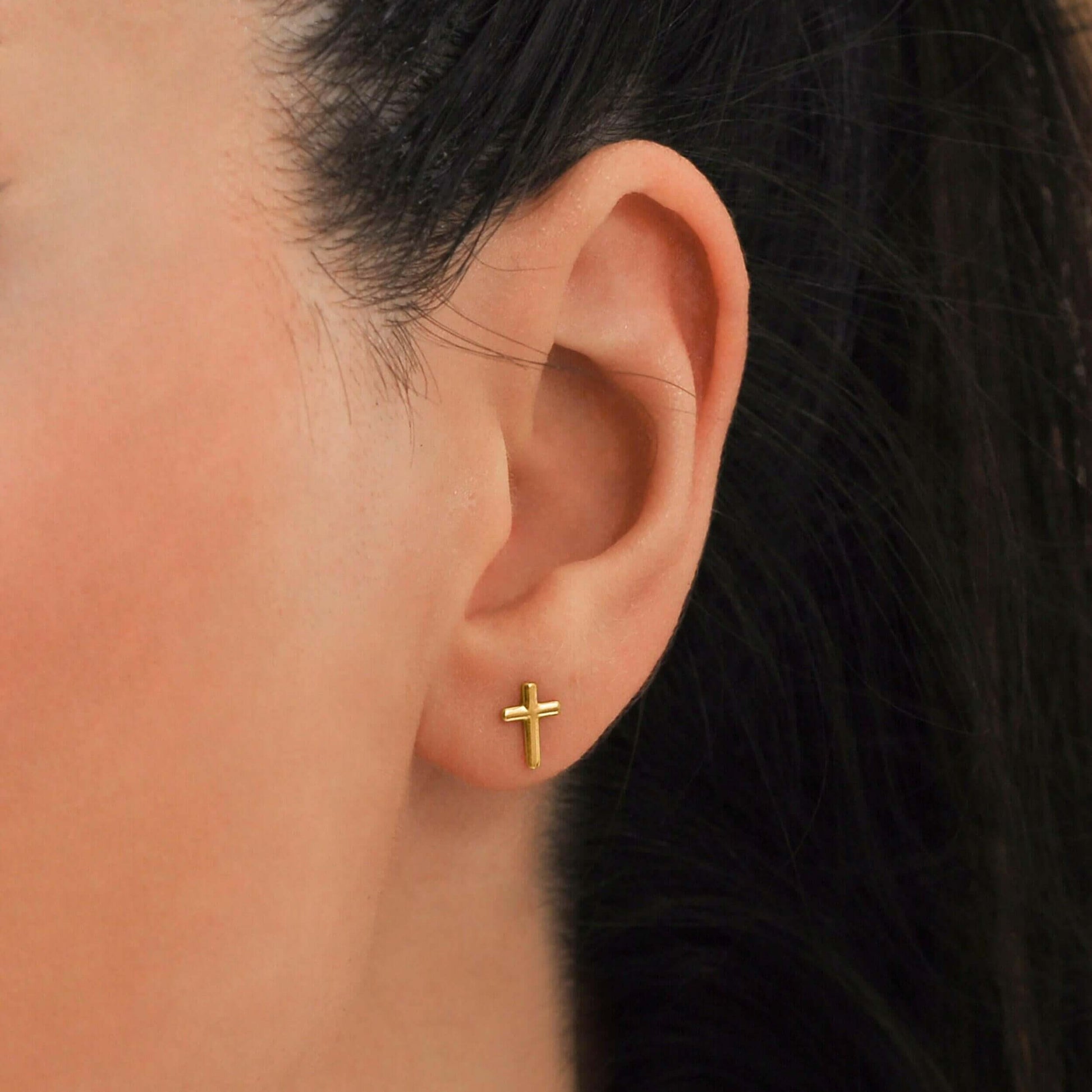 Cross Stud Earrings | 14K Solid Gold - Mionza Jewelry-Christian Earrings, Cross Earrings, Cross Stud Earrings, Gift for Women, Gold Cross Earrings, Gold Cross Studs, Gold Stud Earrings, Religious Jewelry, Second Hole Earrings, Small Stud Earrings, Sweet Cross Earrings, Tiny Cross Earrings