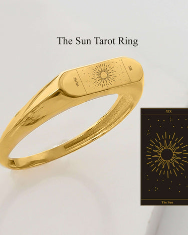 Custom Tarot Card Ring | 14K Solid Gold - Mionza Jewelry-astrology ring, custom engraved ring, engraved ring, personalized ring, signet ring, tarot card box, tarot card jewelry, tarot card ring, tarot cards, tarot jewelry, tarot ring, the sun tarot ring, witch ring