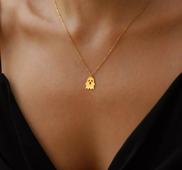Ghost Necklace | 14K Solid Gold - Mionza Jewelry-autumn necklace, creepy jewelry, ghost jewelry, ghost necklace, goth necklace, Gothic Ghost, halloween ghost, halloween gift, halloween jewelry, halloween necklace, quirky jewelry, spooky necklace, witch necklace