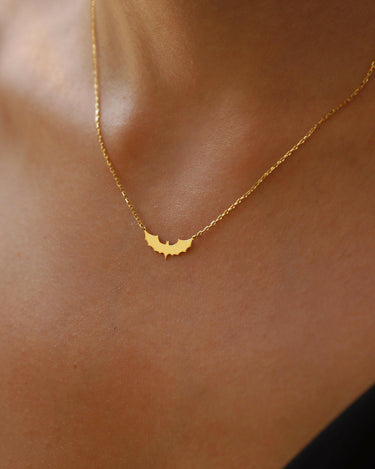 Bat Necklace | 14K Solid Gold or Gold Plated Options - Mionza Jewelry-bat jewelry, bat necklace, bat wings necklace, goth necklace, halloween jewelry, halloween necklace, haloween gifts, quirky jewelry, silver bat necklace, spooky necklace, trick or treat, vampire bat pendant, vampire necklace