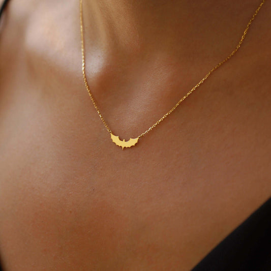 Bat Necklace | 14K Solid Gold or Gold Plated Options - Mionza Jewelry-bat jewelry, bat necklace, bat wings necklace, goth necklace, halloween jewelry, halloween necklace, haloween gifts, quirky jewelry, silver bat necklace, spooky necklace, trick or treat, vampire bat pendant, vampire necklace