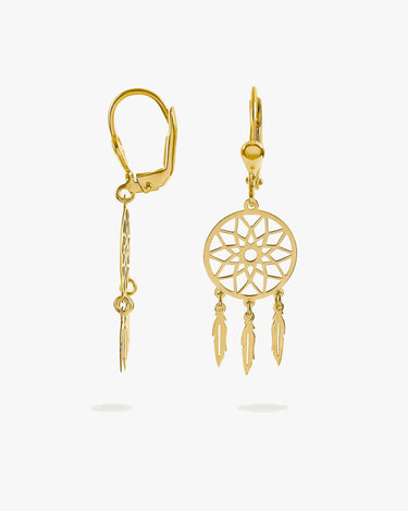 Dreamcatcher Dangle Earrings | 14K Solid Gold - Mionza Jewelry-14K gold earrings, 14K Solid Gold, dangle earrings, dangle hoop earrings, dreamcatcher, earlobe earrings, gold boho earrings, gold dreamcatcher, gold hoop earrings, huggie hoop earrings, leverback earrings, medallion earrings, minimalist earrings