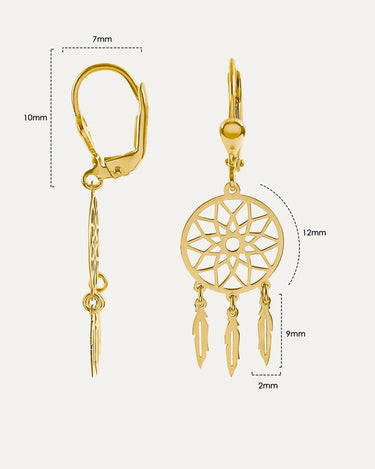 Dreamcatcher Dangle Earrings | 14K Solid Gold - Mionza Jewelry-14K gold earrings, 14K Solid Gold, dangle earrings, dangle hoop earrings, dreamcatcher, earlobe earrings, gold boho earrings, gold dreamcatcher, gold hoop earrings, huggie hoop earrings, leverback earrings, medallion earrings, minimalist earrings