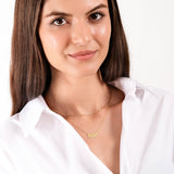 Woman wearing a white shirt and layered gold necklaces, showcasing elegant minimalist jewelry style.