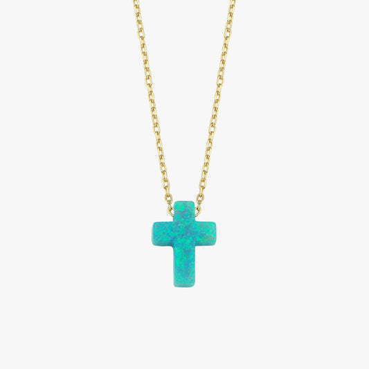 Turquoise Opal Cross Necklace | 14K Solid Gold