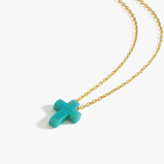 Blue Opal Cross Necklace | 14K Solid Gold