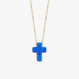 Blue Opal Cross Necklace | 14K Solid Gold