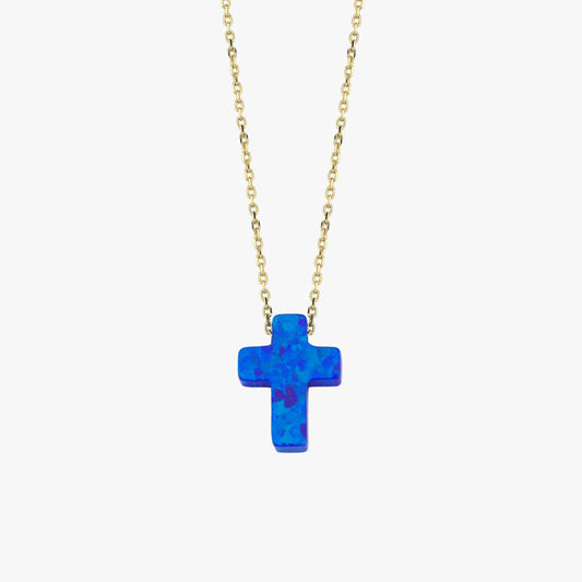 Blue Opal Cross Necklace | 14K Solid Gold