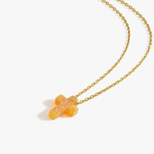 Orange Opal Cross Necklace | 14K Solid Gold