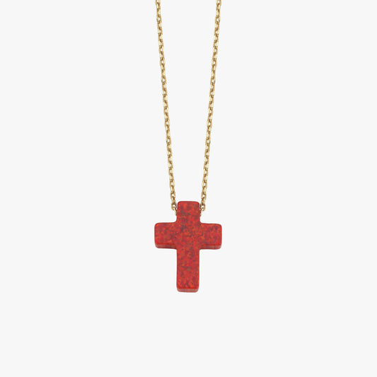 Red Opal Cross Necklace | 14K Solid Gold