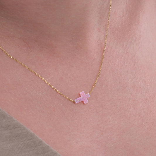 Sideways Pink Cross Opal Necklace | 14K Solid Gold