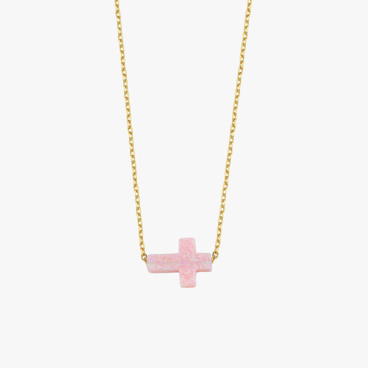 Sideways Cross Opal Necklace | 14K Solid Gold