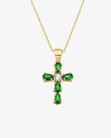 Emerald Cross Necklace | 14K Solid Gold - Mionza Jewelry-birthstone pendant, christian necklace, communion gift, cross necklace women, crucifix pendant, Emerald baguette, emerald necklace, Gift for Girlfriend, gold cross necklace, green necklace, green stone pendant, jesus necklace, Unique cross pendant