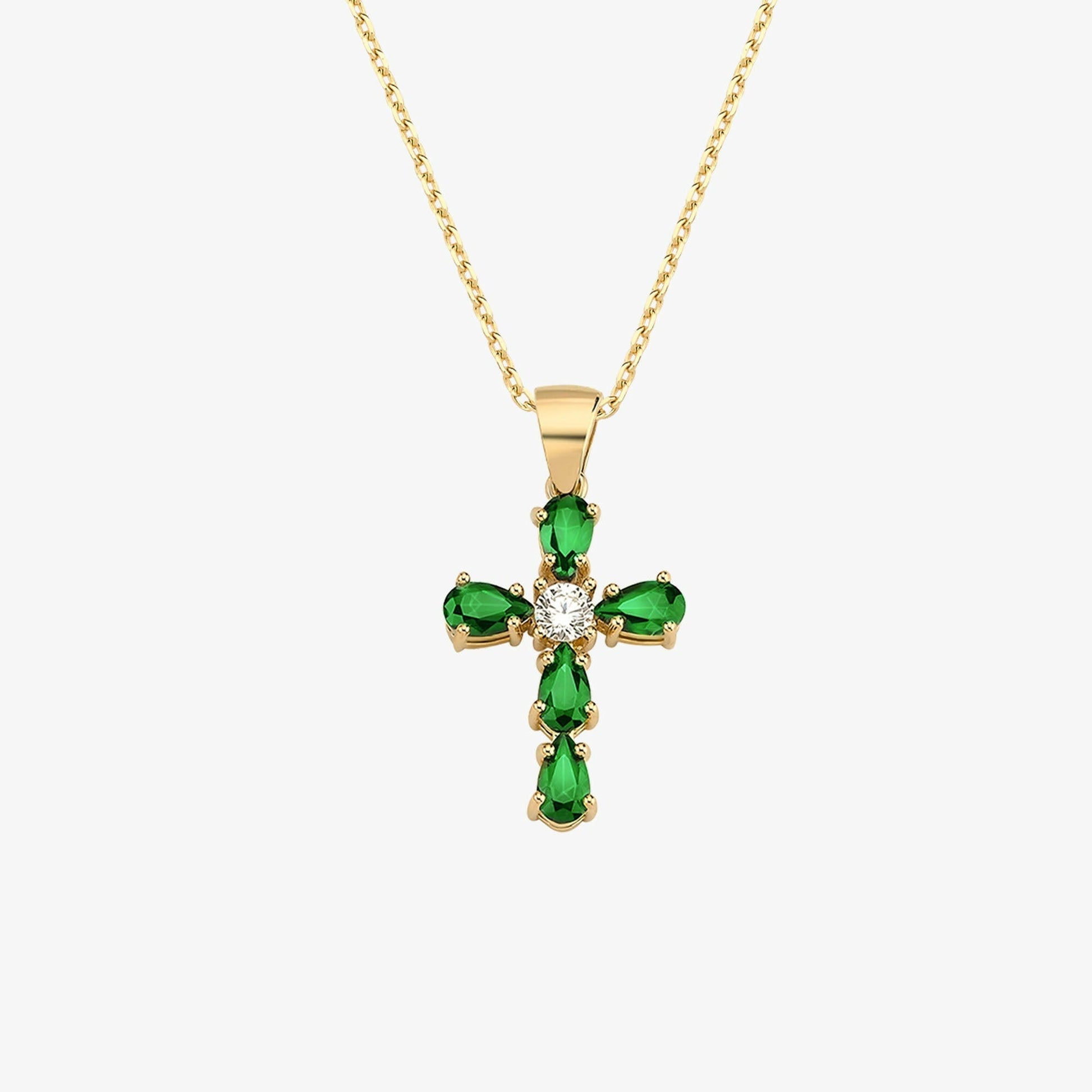 Emerald Cross Necklace | 14K Solid Gold - Mionza Jewelry-birthstone pendant, christian necklace, communion gift, cross necklace women, crucifix pendant, Emerald baguette, emerald necklace, Gift for Girlfriend, gold cross necklace, green necklace, green stone pendant, jesus necklace, Unique cross pendant