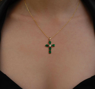 Emerald Cross Necklace | 14K Solid Gold