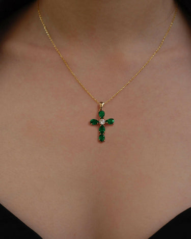 Emerald Cross Necklace | 14K Solid Gold - Mionza Jewelry-birthstone pendant, christian necklace, communion gift, cross necklace women, crucifix pendant, Emerald baguette, emerald necklace, Gift for Girlfriend, gold cross necklace, green necklace, green stone pendant, jesus necklace, Unique cross pendant