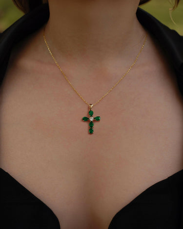 Emerald Cross Necklace | 14K Solid Gold - Mionza Jewelry-birthstone pendant, christian necklace, communion gift, cross necklace women, crucifix pendant, Emerald baguette, emerald necklace, Gift for Girlfriend, gold cross necklace, green necklace, green stone pendant, jesus necklace, Unique cross pendant