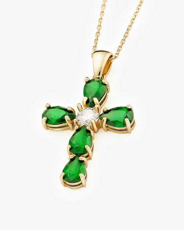 Emerald Cross Necklace | 14K Solid Gold - Mionza Jewelry-birthstone pendant, christian necklace, communion gift, cross necklace women, crucifix pendant, Emerald baguette, emerald necklace, Gift for Girlfriend, gold cross necklace, green necklace, green stone pendant, jesus necklace, Unique cross pendant