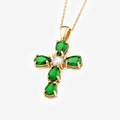 Emerald Cross Necklace | 14K Solid Gold - Mionza Jewelry-birthstone pendant, christian necklace, communion gift, cross necklace women, crucifix pendant, Emerald baguette, emerald necklace, Gift for Girlfriend, gold cross necklace, green necklace, green stone pendant, jesus necklace, Unique cross pendant