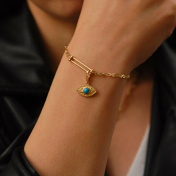 Evil Eye Charm | 14K Solid Gold - Mionza Jewelry-14k gold charm, charm bracelet, charm necklace, evil eye charm, evil eye jewelry, gold charm, gold charm bracelet, gold charm necklace, good luck charm, hammered necklace, lucky charms, protection charm, valentines day gift