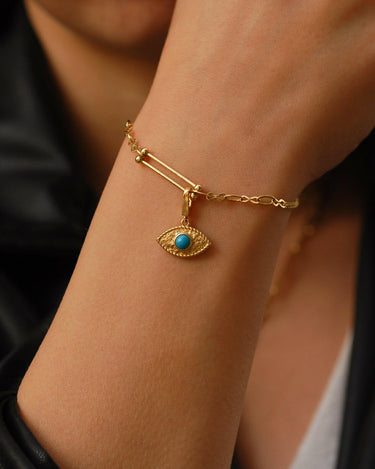 Evil Eye Charm | 14K Solid Gold - Mionza Jewelry-14k gold charm, charm bracelet, charm necklace, evil eye charm, evil eye jewelry, gold charm, gold charm bracelet, gold charm necklace, good luck charm, hammered necklace, lucky charms, protection charm, valentines day gift