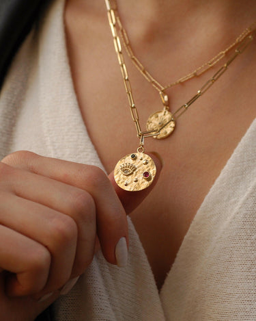 Evil Eye Gold Charm | 14K Solid Gold - Mionza Jewelry-charm necklace, christmas gift, coin necklace, evil eye charm, gold charm necklace, gold coin necklace, gold disc necklace, good luck charm, jewelry charm, lucky charm, protection charm, protection necklace, Push in Clasp