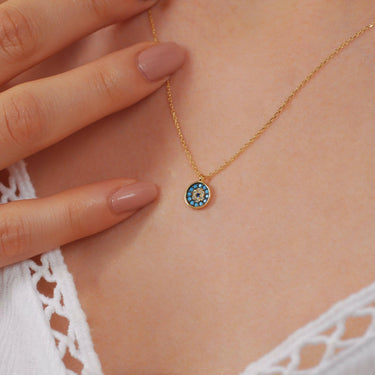 Dainty Evil Eye Necklace | 14K Solid Gold - Mionza Jewelry-14k Gold Evil eye, 14k gold necklace, 14k Solid Gold Evil, Bridesmaid Jewelry, Evil Eye Necklace, evil eye pendant, Eye Necklace, gold evil eye necklace, good luck necklace, Hamsa Necklace, Lucky Charm pendant, nazar necklace, protection necklace