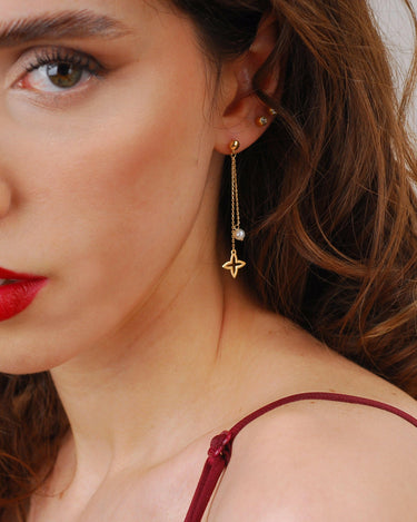 Flower Stud Dangle Earrings | 14K Solid Gold - Mionza Jewelry-14K Solid Gold, Chain Earrings, Dainty Gold Earrings, Gift for her, Gold Chain Earrings, Gold Drop Earrings, Gold Earrings, Hanging Earrings, Hoop Earrings, Huggie Hoop Earrings, Long Earrings, Minimalist Jewelry, Stud Earrings