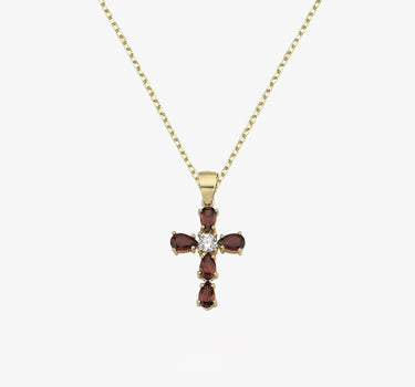 Garnet Cross Necklace | 14K Solid Gold - Mionza Jewelry-birthstone necklace, catholic gifts, Catholic Jewelry, Catholic Necklace, Cross Necklace, Garnet Necklace, gemstone necklace, Gift for Mom, red necklace, Religious Necklace, ruby jewelry, ruby necklace, ruby pendant