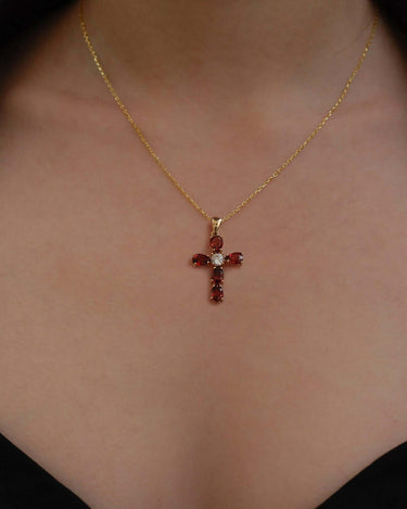 Garnet Cross Necklace | 14K Solid Gold - Mionza Jewelry-birthstone necklace, catholic gifts, Catholic Jewelry, Catholic Necklace, Cross Necklace, Garnet Necklace, gemstone necklace, Gift for Mom, red necklace, Religious Necklace, ruby jewelry, ruby necklace, ruby pendant