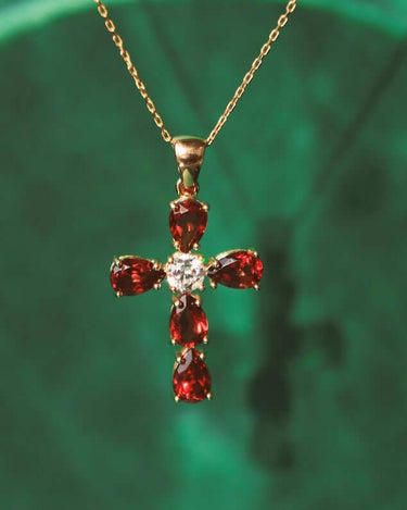 Garnet Cross Necklace | 14K Solid Gold - Mionza Jewelry-birthstone necklace, catholic gifts, Catholic Jewelry, Catholic Necklace, Cross Necklace, Garnet Necklace, gemstone necklace, Gift for Mom, red necklace, Religious Necklace, ruby jewelry, ruby necklace, ruby pendant