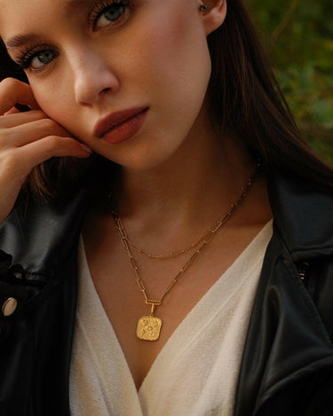 Good Luck Necklace | 14K Solid Gold - Mionza Jewelry-christmas gift, clover earrings, clover necklace, evil eye charm, gold charm, good luck charm, heart charm, horseshoe necklace, lucky charm, north star necklace, push in clasp, square necklace
