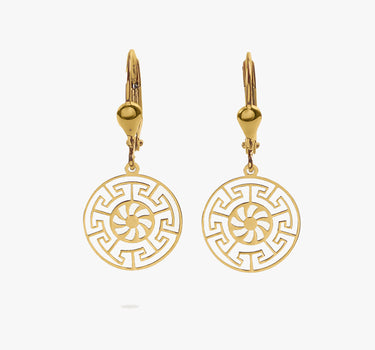 Greek Key Leverback Earrings | 14K Solid Gold Mionza