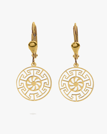 Greek Key Leverback Earrings | 14K Solid Gold - Mionza Jewelry-14K gold earrings, 14K Solid Gold, ancient greek, dangle earrings, earlobe earrings, geometric jewelry, gold dangle earring, gold hoop earrings, greek earrings, Greek Key Earrings, leverback earrings, medallion earrings, minimalist earrings